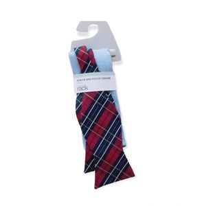 Bow Tie & Pocket Square Silk Blend Plaid Red Blue NWT